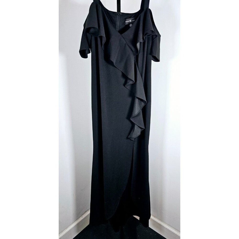 Betsy Adam Faux Wrap Ruffle Cold Shoulder Black Dress - SZ 18W